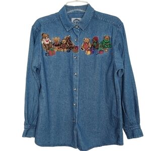Vintage Cambridge Dry Goods Women's Large Denim Shirt Embroidered Teddy Bear EUC
